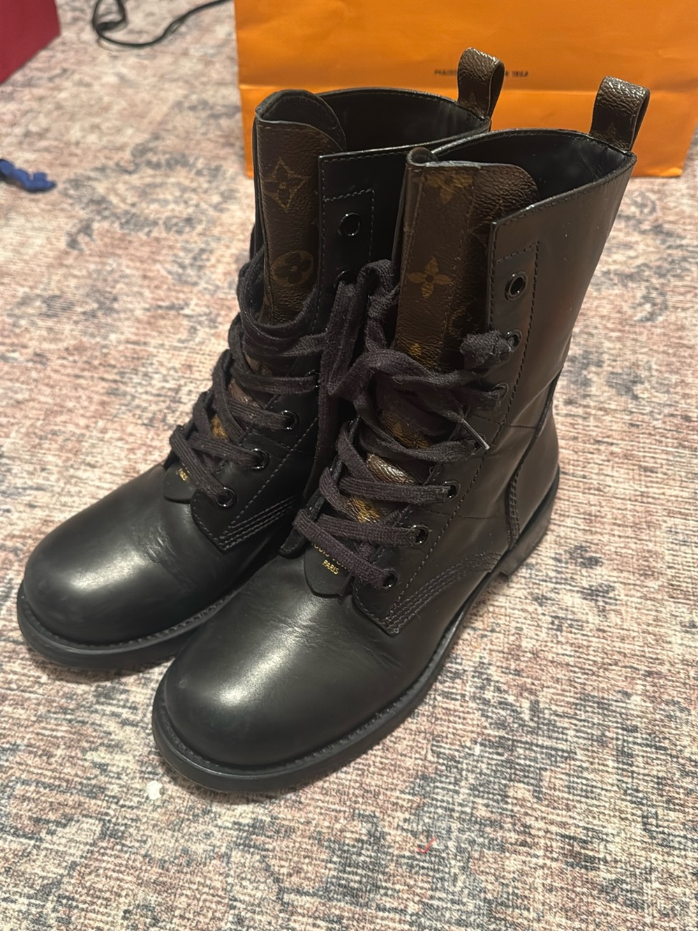 Leather Combat Boots in Black with Brown Accent